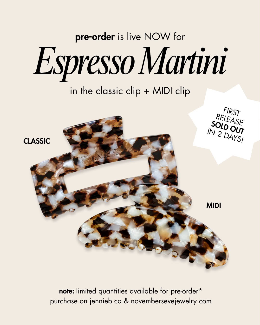 Promotional graphic for a pre-order of tortoiseshell hair clips in the Espresso Martini colorway. The image shows two tortoiseshell clips, one labeled 'CLASSIC' and one labeled 'MIDI', on a light beige background with text detailing the pre-order launch and purchase information for jennieb.