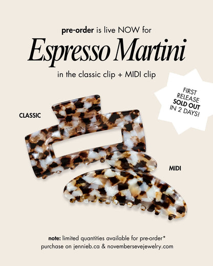 Promotional graphic for a pre-order of tortoiseshell hair clips in the Espresso Martini colorway. The image shows two tortoiseshell clips, one labeled 'CLASSIC' and one labeled 'MIDI', on a light beige background with text detailing the pre-order launch and purchase information for jennieb.